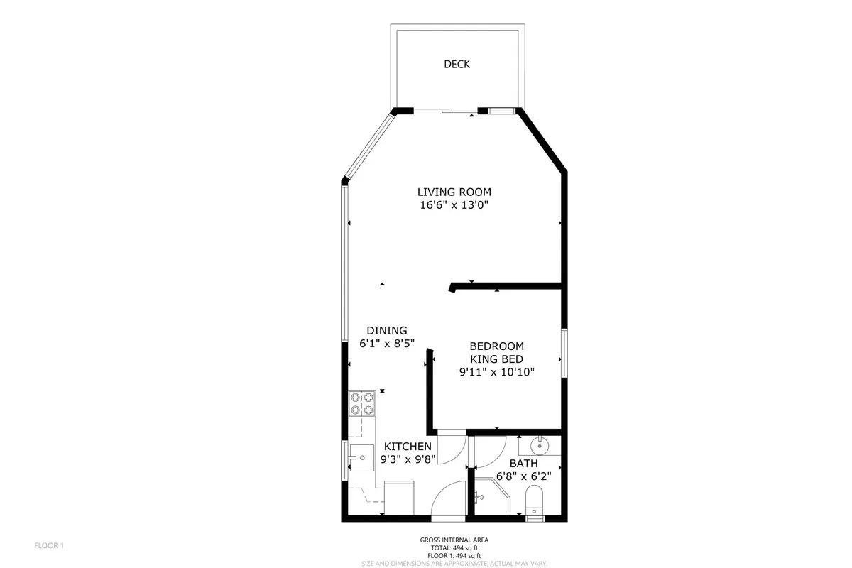 A broad view of the open-plan living room, kitchen, and adjacent deck. Modern furnishings and decor create an inviting atmosphere, with a focus on connectivity between spaces. The kitchen is visible in the background, and the living room invites relaxation and conversation.